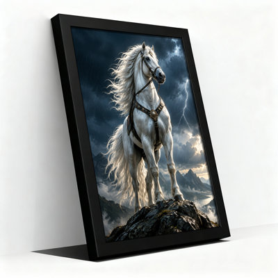 White Horse On Rocky Mountain Peak With Lightning Storm Canvas Wall Art