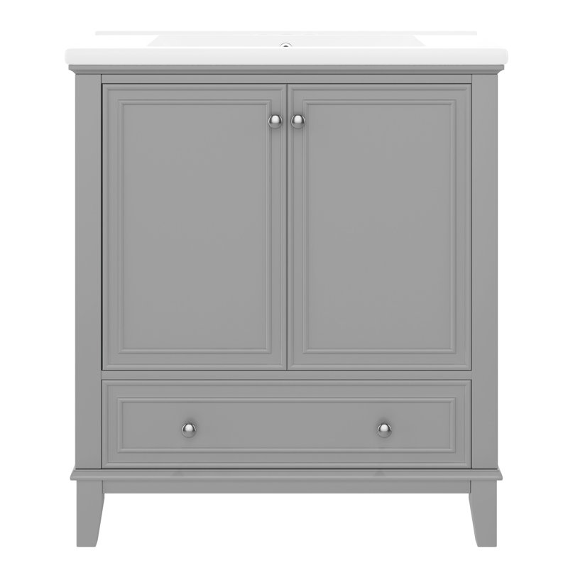 Meuble-lavabo de salle de bain 30 po - Armoire en bois massif gris avec tiroir, Gris