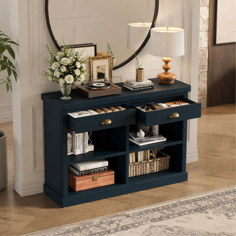 Console avec 2 tiroirs et tablettes de rangement ouvertes, table d'entrée pour le salon, le couloir et la salle à manger (bleu marine) TREXM