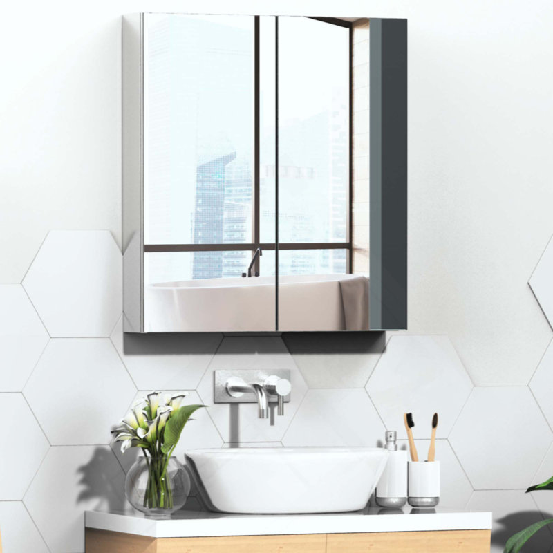 Armoire de salle de bain avec miroir, armoire à pharmacie avec cadre en acier inoxydable, rangement mural avec portes doubles
