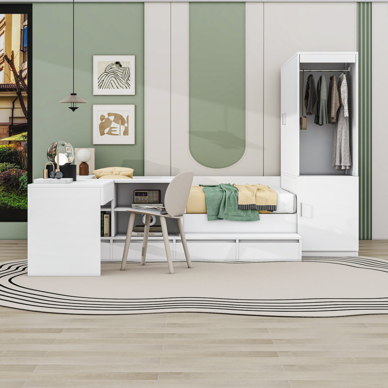 Lit plateforme 6 tiroirs en bois avec tablettes, bureau intégré, armoire et station de charge, Blanc