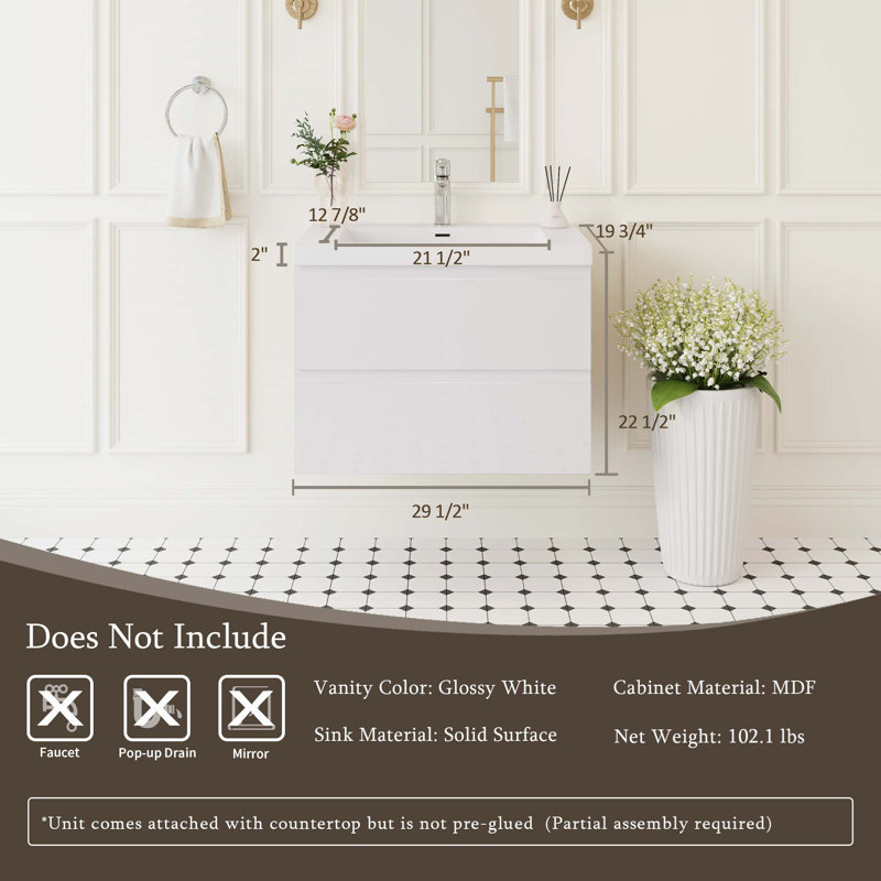 Meuble-lavabo flottant avec lavabo, 30"