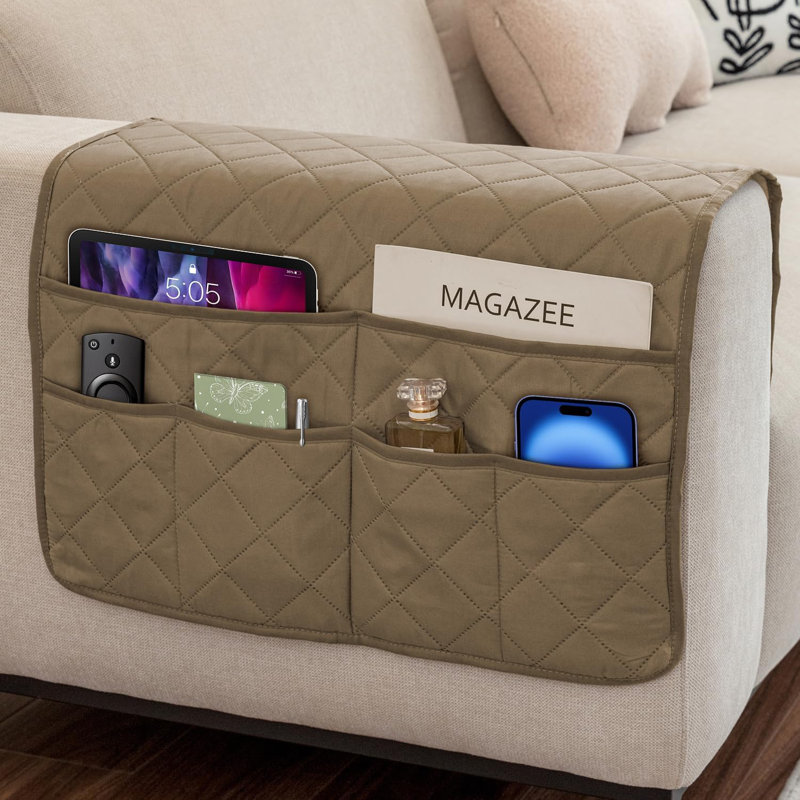 6 Pockets Sofa Armrest Organizer Non Slip Quilted Cotton Couch Remote Caddy Holder