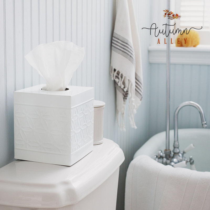 Glossy White Embossed Metal Square Tissue Box Cover