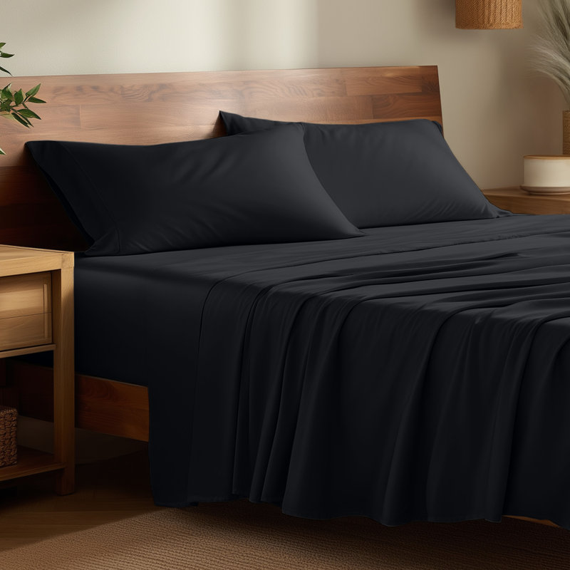Sheet Set - Rayon from Bamboo, Black, Split Head Flex King Sheet Set with 2 Pillowcases