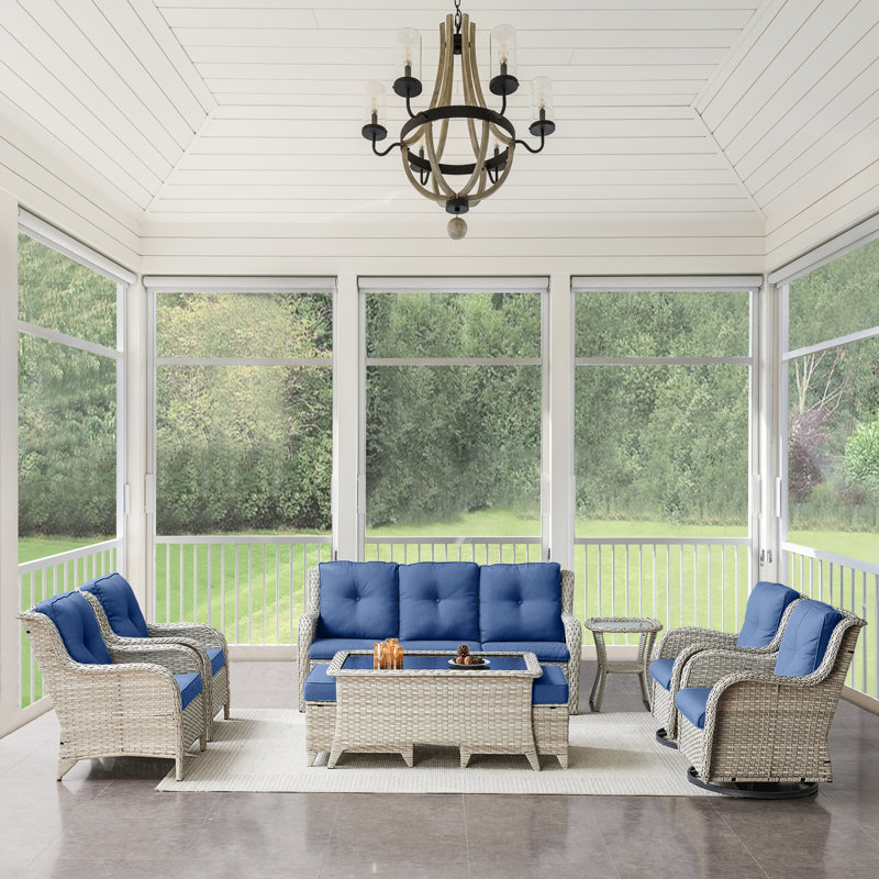 Ensemble de conversation d'extérieur pour 7 personnes avec coussins Tonry, Bleu marine