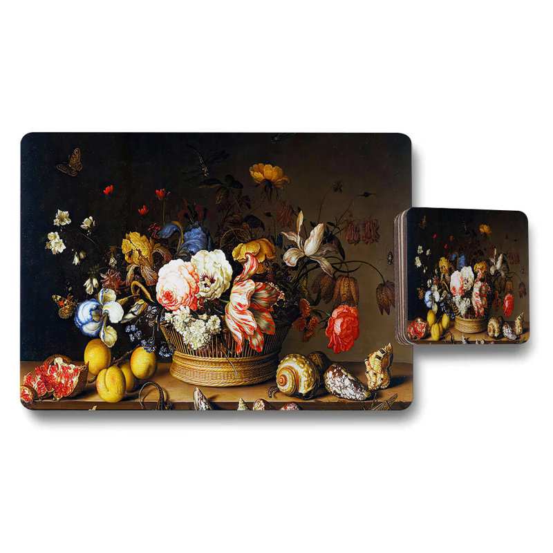 Floral Still Life Placemat and Coaster Set with Butterflies