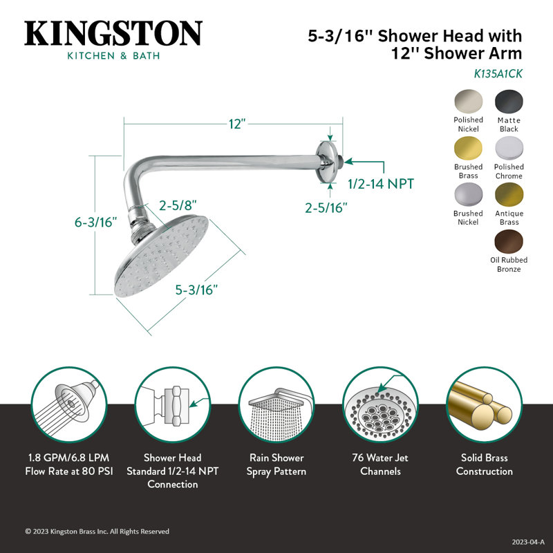 Kingston Brass Victorian 5-1/4-Inch Round Raindrop Brass Shower Head with 12-Inch Shower Arm, Brushed Brass