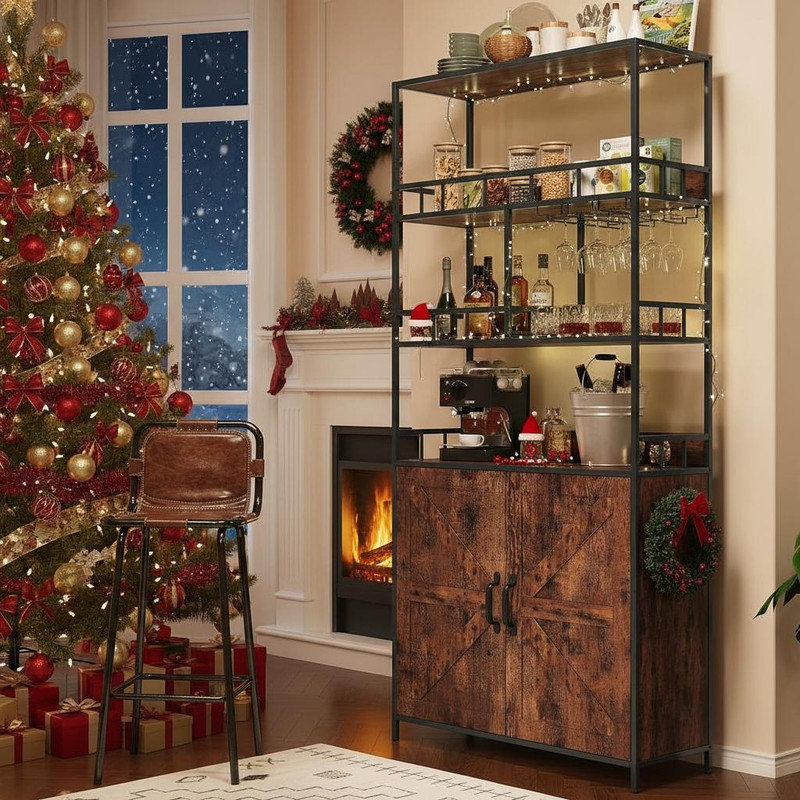 Étagère de cuisine de 70,8 po avec armoire de rangement - Paniers et crochets pour le vin, les verres, les boissons et les collations - Armoire à vin haute et bar pour le salon, la cuisine