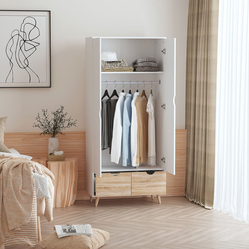 2-Door Clothes Wardrobe with Rail Shelf 2 Drawers, Home Storage Organisation Furniture