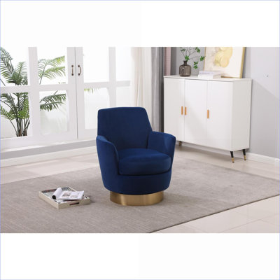 Fauteuil d'appoint pivotant en velours, fauteuil de lecture pour adulte confortable pour le salon / chambre à coucher, fauteuil rond avec base en acier inoxydable doré (bleu marine)