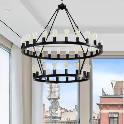 Très grand lustre 48 pouces à roulettes noires, chaîne à 2 niveaux de 40 lumières à suspendre de style industriel rond avec chaîne ajustable, pour salle à manger, salon