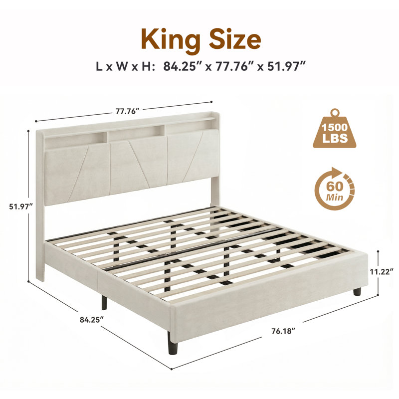 Velvet Upholstered Platform Bed with Wingback Headboard and Wooden Slats, King