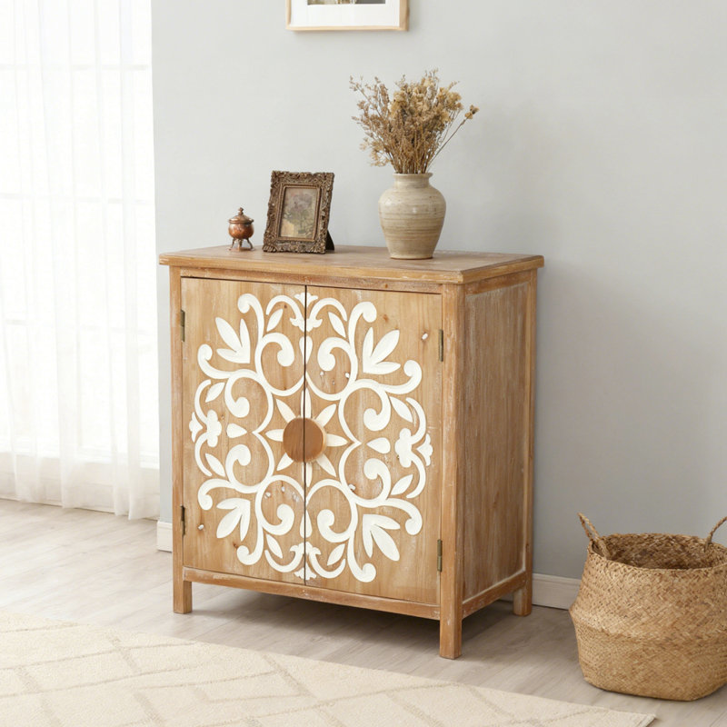 Armoire d'appoint rustique en bois avec portes sculptées florales