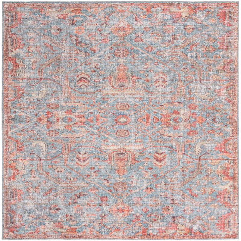 Square Antique Blue and Coral Floral Cotton Chenille Area Rug