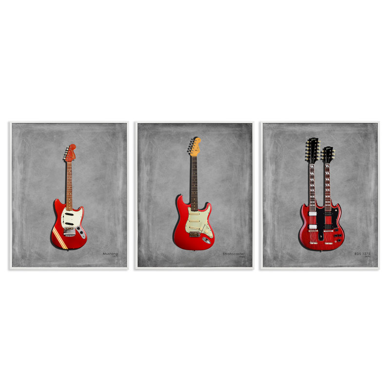 Ensemble de giclées encadrées 3 pièces de la collection Red Guitars, conception par Mark Rogan, H 14 po x l 11 po