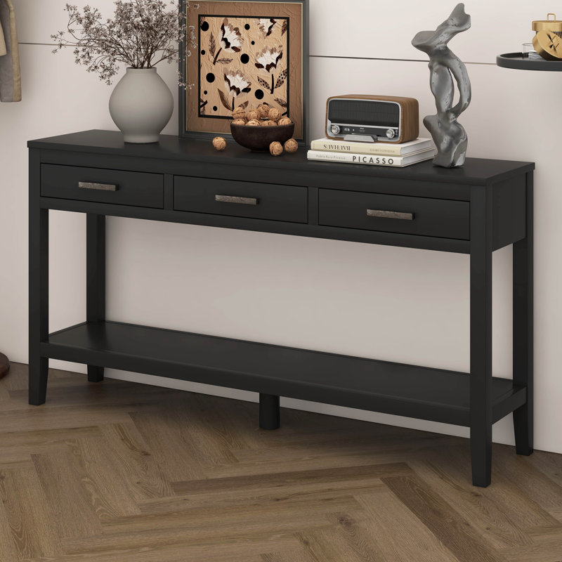 Rectangular Console Table With 1 Shelf And 3 Storage Drawers, Painted Entrance Table, Sofa Side Table With Iron Handles