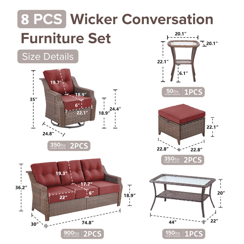 Sami 9-Piece Wicker Patio Furniture Set, 6-Inch Thick Cushioned & UV-Resistant, Outdoor Sofa & Chiar Set For Garden, Red
