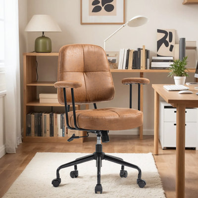  Home Office Chair, Upholstered Desk Chair With Armrests, Mid Century Modern Comfy Computer Chair With Wheels, Adjustable Faux Leather Desk Chair For Home Office (brown -metal Pipe)