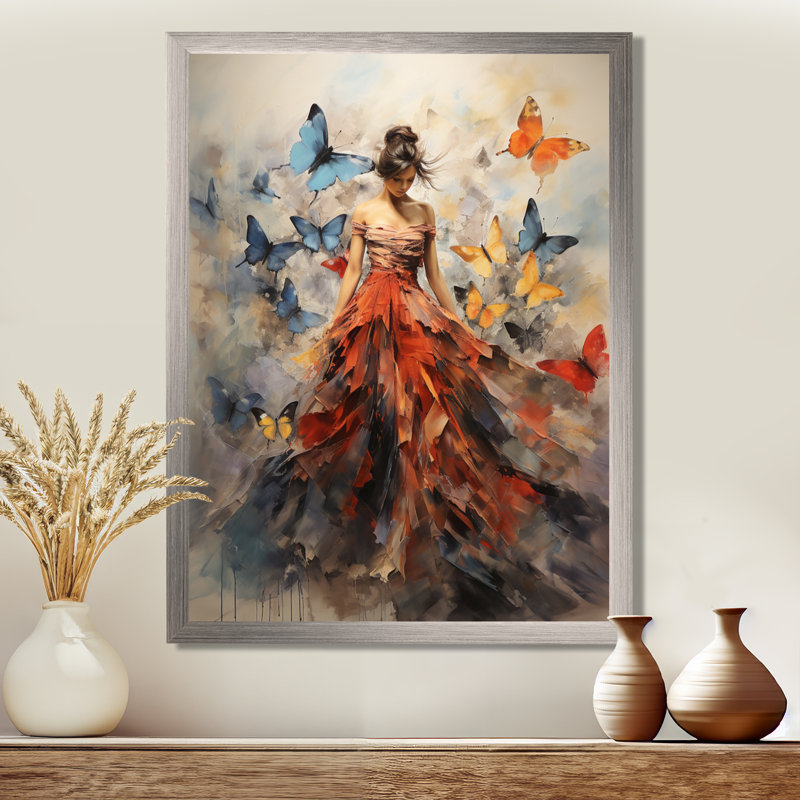 Papillon et femme dansant I - art mural papillon, Reproduction avec cadre flottant, H 32 po x l 24 po, Argent argent