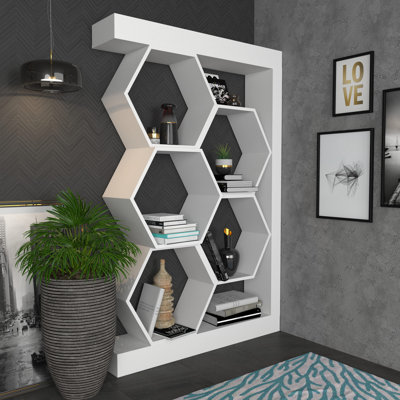 Modern White Bookshelf, 100% Melamine Coated Particle Board, 55.1 x 9.7 x 55.1 inches | Sleek Geometric Design, Sturdy Construction, Ideal for Home Office & Living Room | Stylish Storage Solution for Books & Decor
