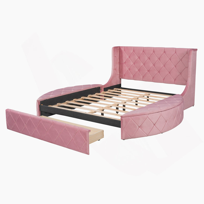Lit plateforme tapissier en velours avec tête de lit à oreilles et 1 grand tiroir, 2 tabourets de rangement latéraux, Rose