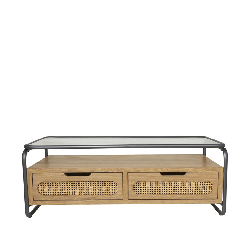 Nickalls Wooden 1 Shelf Brown Coffee Table with 2 Cane Front Drawers and Gray Metal Frame