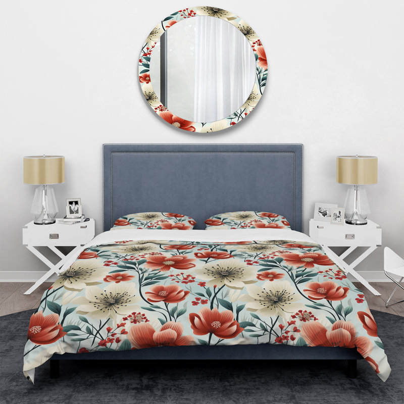 Blue & Red Coastal Elegance Floral Pattern I - Ensemble de housse de couette à motif floral