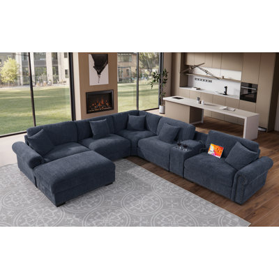 Errett Upholstered Corner Sectional with Storage & Cup Holder Console, 5 Throw Pillows by Lark Manor