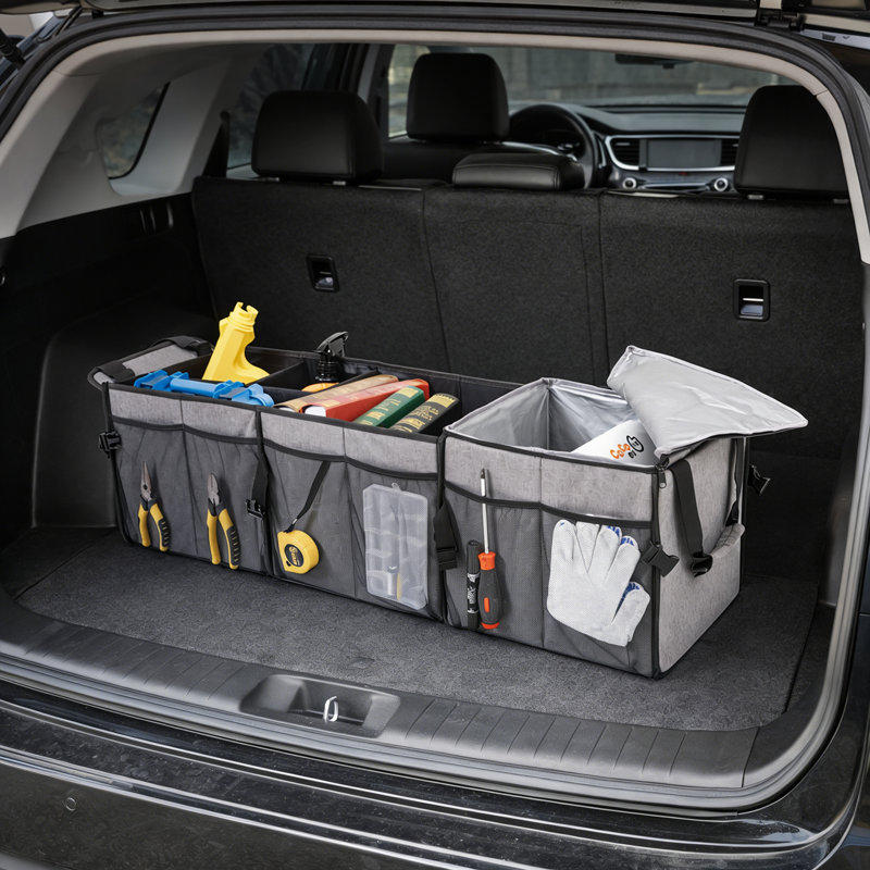 Organisateur de coffre 90L grande capacité pour voiture, rangement pliable à plusieurs compartiments avec couvercle amovible et tissu Oxford imperméable