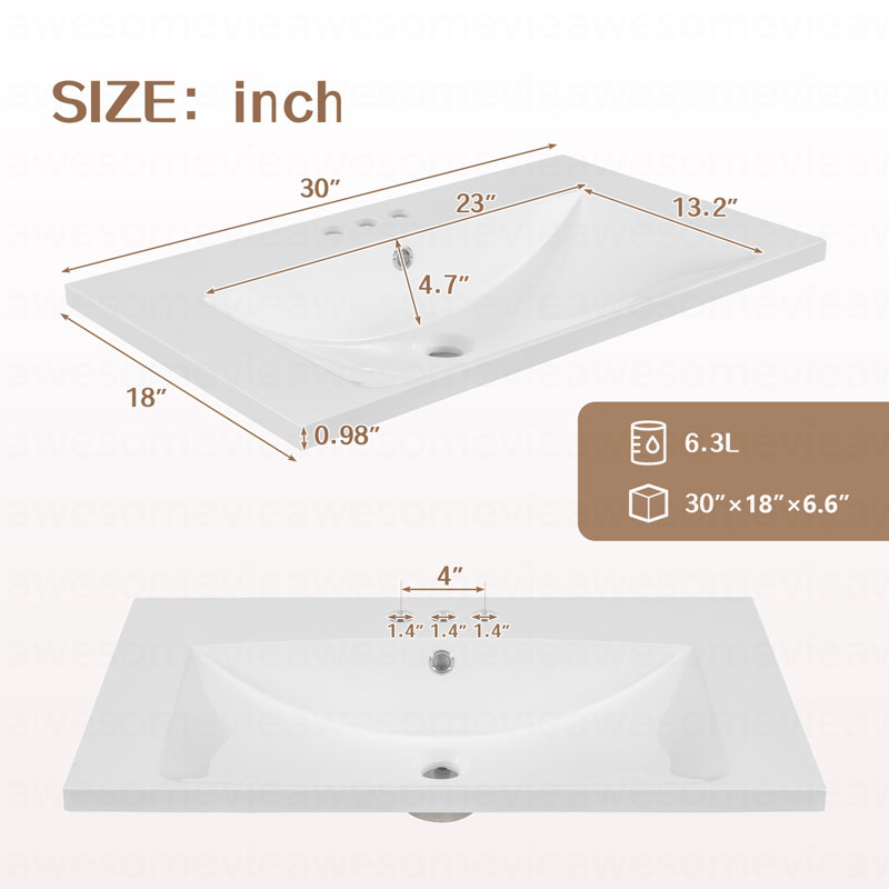 Ensemble de meuble-lavabo 30 po avec lavabo, armoire de salle de bain blanche avec tiroirs, structure solide et panneau de fibres à densité moyenne