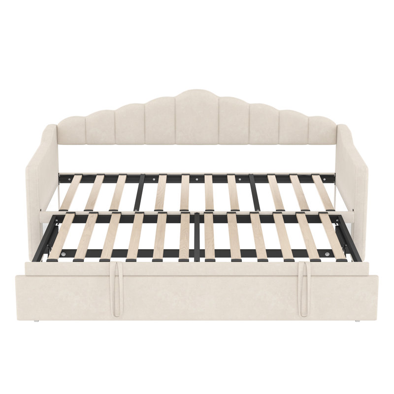 Upholstered Twin Daybed with Adjustable Pop-Up Trundle, USB & Type-C Charging, Side Pockets, No Box Spring Needed, Beige