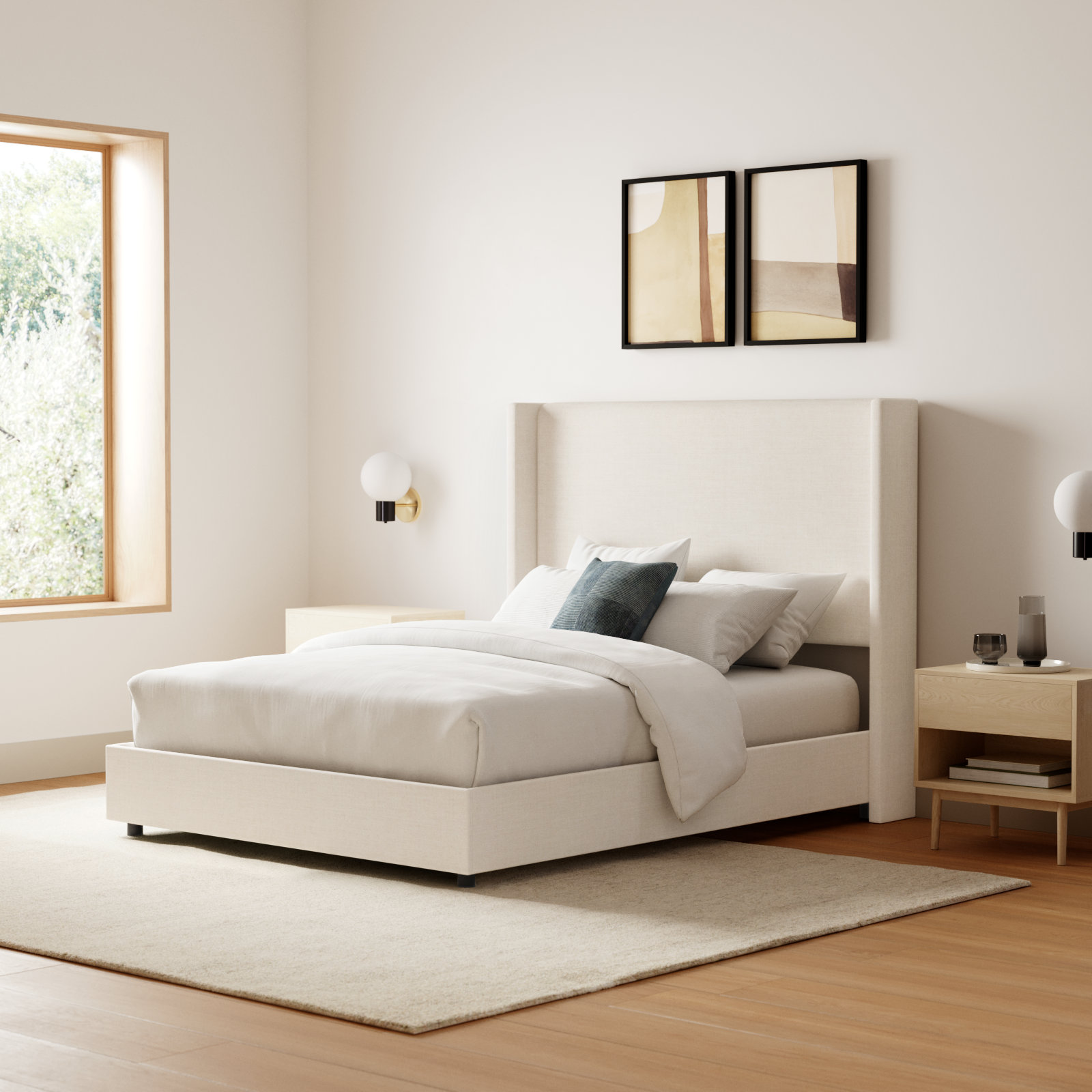Hanson Linen Upholstered Wingback Bed, Twin, Classic Talc Linen