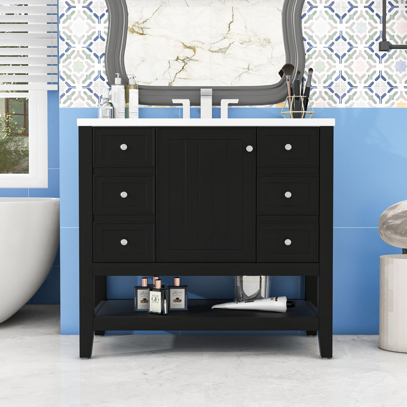 Meuble-lavabo avec une armoire et trois tiroirs, Noir