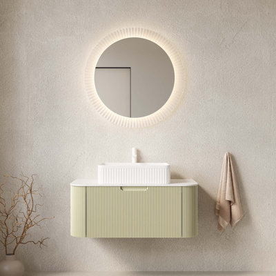 Meuble-lavabo flottant avec lavabo en céramique et comptoir en pierre frittée, avec finition rayée 3D, grand rangement, tiroir à fermeture en douceur et conception pré-assemblée pour une installation facile.