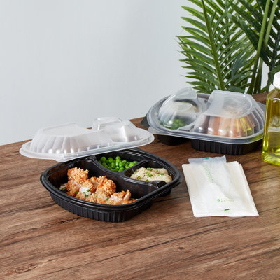 Restaurantware-RW Base 27 Ounce Meal Prep Containers, 100 Microwavable To Go Containers With Lids - 3 Compartments, Disposable, Black Plastic Oval Food Containers, For Hot And Cold Food, Freezable