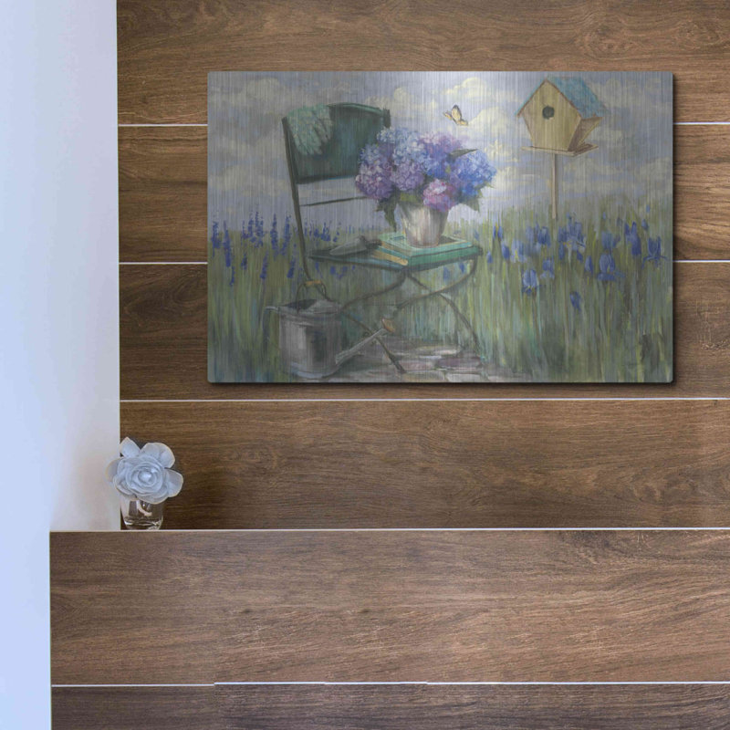 "Chaise verte avec hortensia" par Carol Rowan, H 12 po x l 16 po