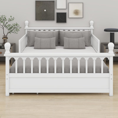 Low Profile Kids Wood Bed Frame with Storage Drawers, Sturdy Slat System & Guardrails