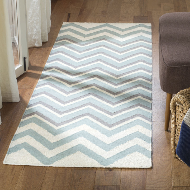 Naomi Hand Woven Flat Weave Wool/Viscose/Cotton Chevron Rug in Blue, Runner 2'6" x 8'