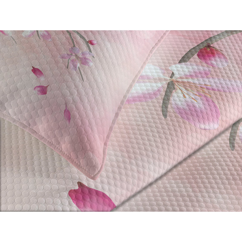King Size Pink Quilted Bedspread Set with Floral Design