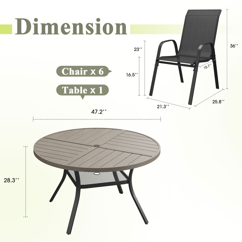 Ensemble de salle à manger de patio 6 personnes avec chaises empilables Textilene, Gris brossé / noir