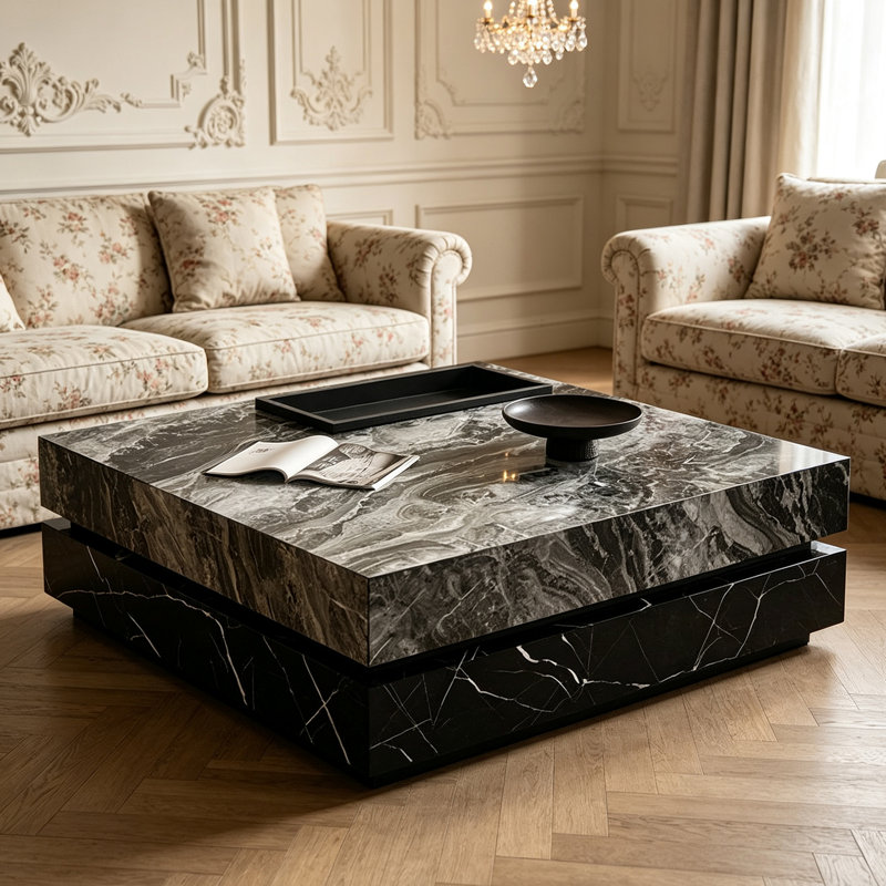 Table basse de luxe Italian Premium, 13.77" H x 47.24" W x 47.24" D, Noir/gris, Noir / blanc