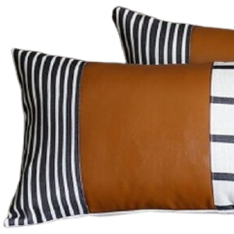 Set Of 2 Striped And Bright Brown Faux Leather Lumbar Pillow Covers Set Of 2 Striped And Bright Brown Faux Leather Lumbar Pillow Covers