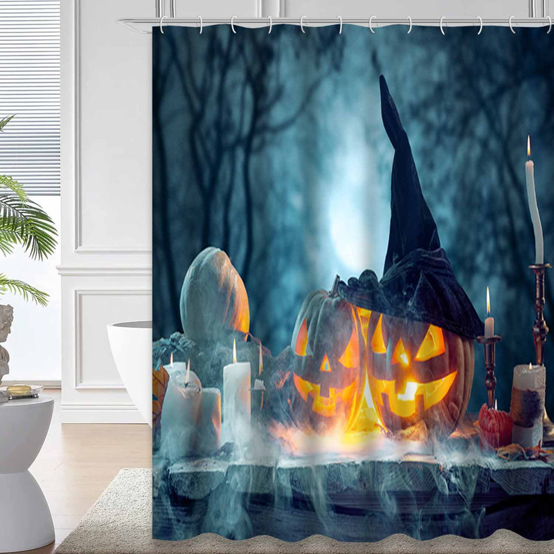 Rideau de douche Halloween citrouille d'Halloween noir et bleu avec 12 crochets, L 72 po x l 72 po