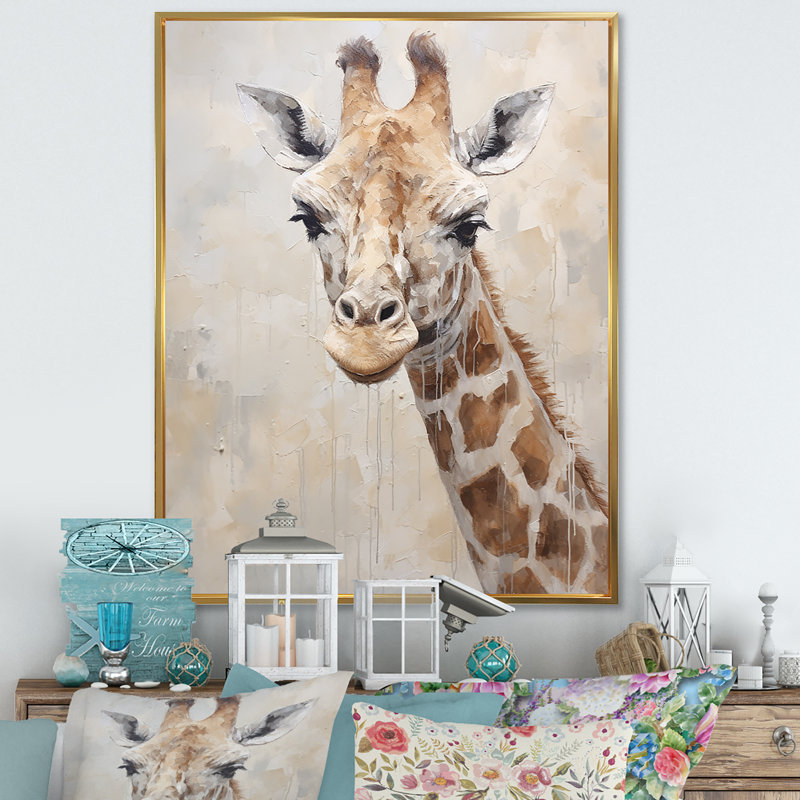 Minimalisme, girafe beige - impressions sur toile, Cadre flottant doré, H 32 po x l 24 po x P 1 po