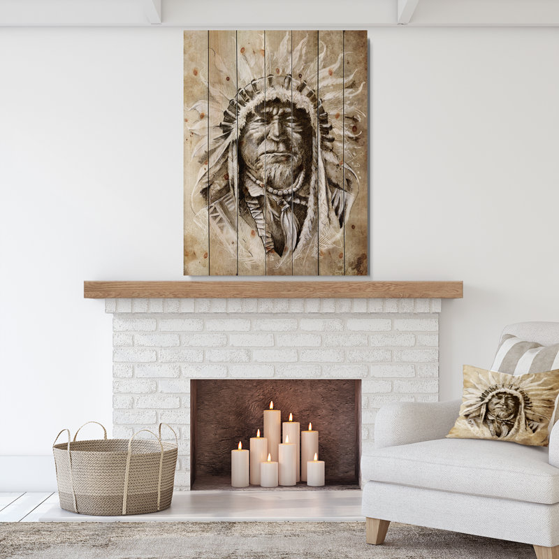 «American Indian Head», reproduction d'art, H 46 po x l 36 po x P 0,78 po, Bois