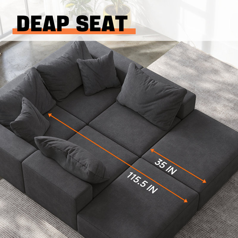 Canapé modulaire en U de 162 po avec 6 coussins, Gris