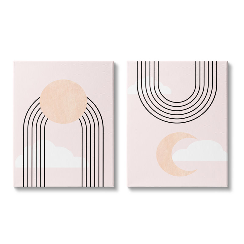 Soleil levant, arc-en-ciel, croissant de lune, ciel rose, ensemble de 2 toiles tendues surdimensionnées par Daphne Polselli