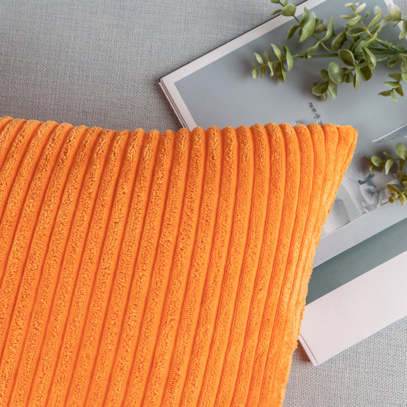Housse de coussin rayé en velours côtelé, Housse de coussin décoratif texturée de couleur unie, Square 22", Orange