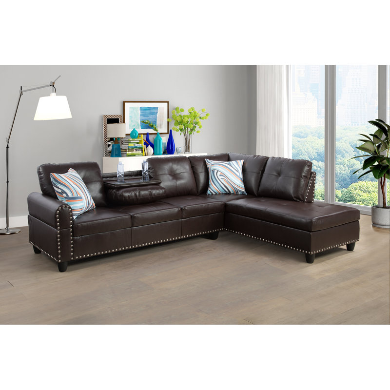 Louvenia Upholstered L-Shaped Sectional, Right Hand Facing, Brown Faux Leather